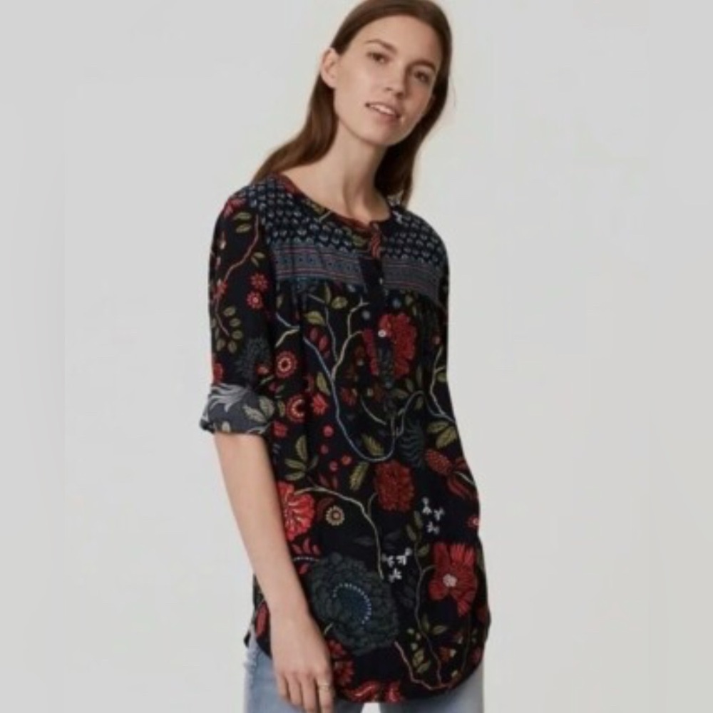 LOFT Navy Floral Henley Tunic with Floral and Strawberry Print - Picture 2 of 10